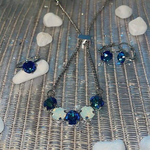 Sterling Silver Swarovski Turquoise Jewelry Set. Anklet, Earrings, Ring - Picture 2 of 14